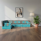 Arabic Floor Sofa Set – Turquoise L Shaped Majlis Sectional with 8 Inch Cushions