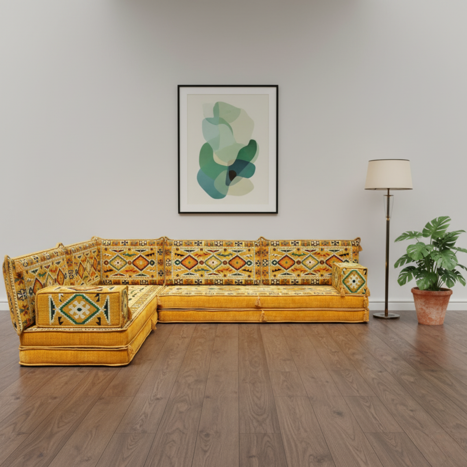 Arabic Floor Sofa Set – Yellow L Shaped Majlis Sectional with 8 Inch Cushions