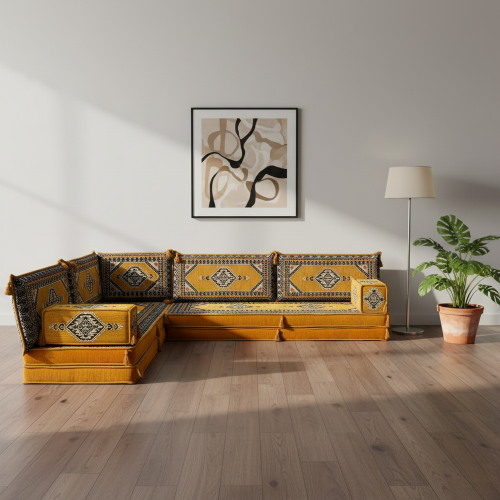 Arabic Floor Sofa Set – Yellow L Shaped Majlis Sectional with 8 Inch Cushions