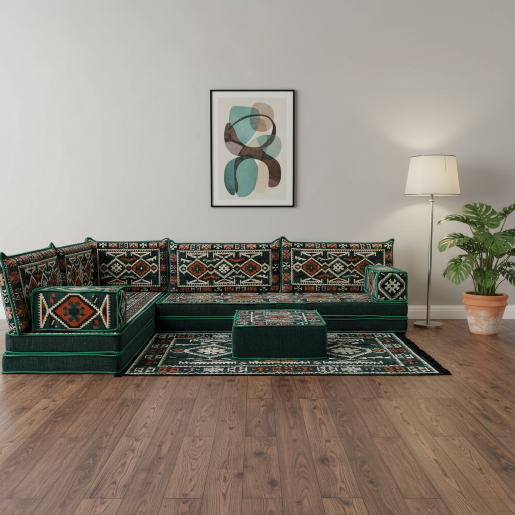 Arabic Floor Sofa Set – Green L Shaped Majlis Sectional with 8 Inch Cushions