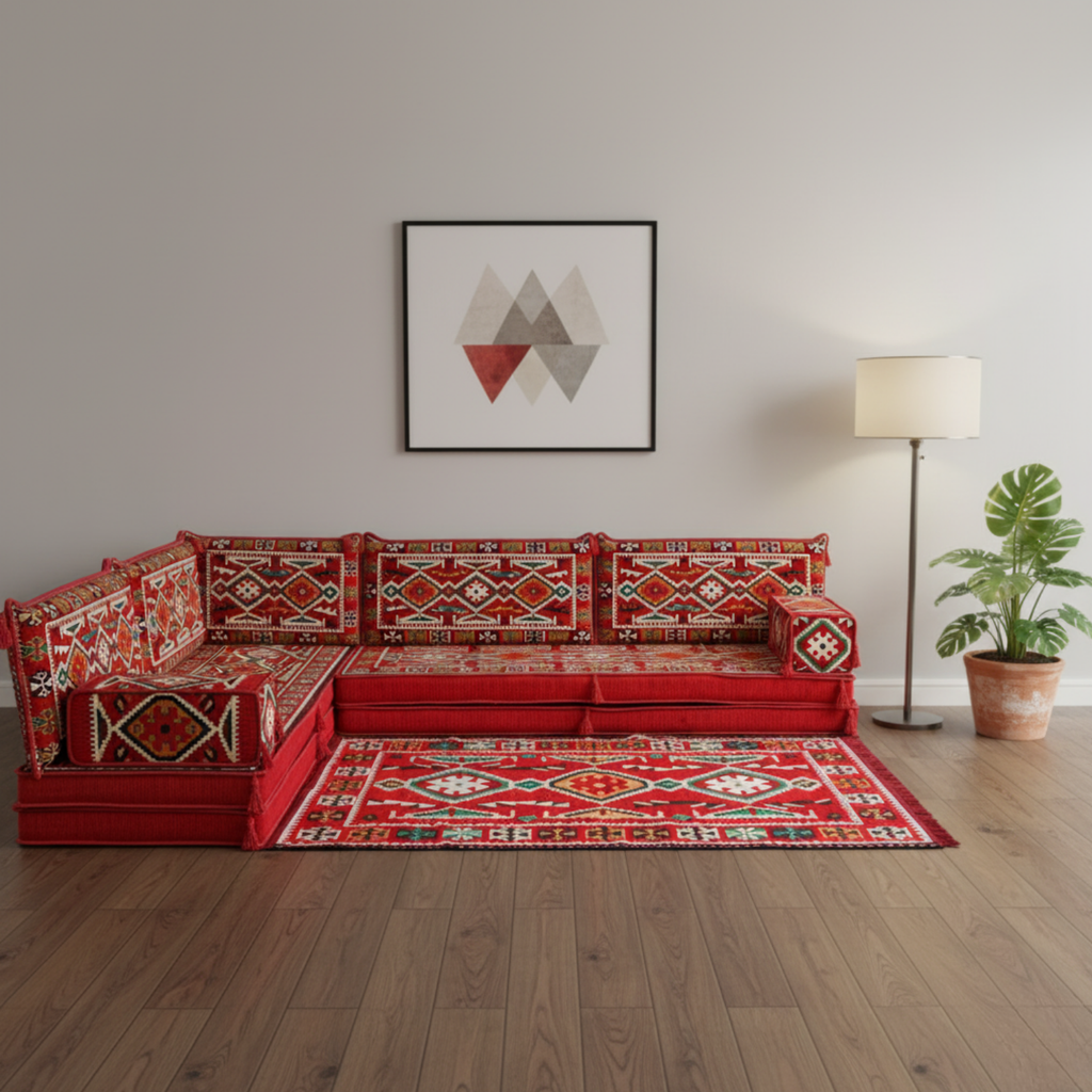 Arabic Floor Sofa Set – Red L Shaped Majlis Sectional with 8 Inch Cushions