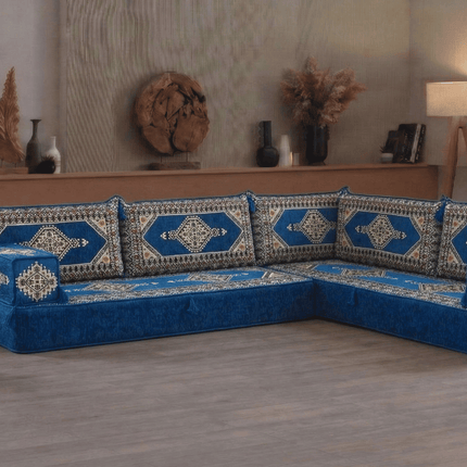 Arabic Floor Sofa Set – Blue L Shaped Majlis Sectional with 8 Inch Cushions