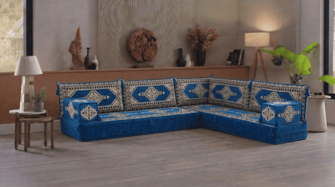 Arabic Floor Sofa Set – Blue L Shaped Majlis Sectional with 8 Inch Cushions