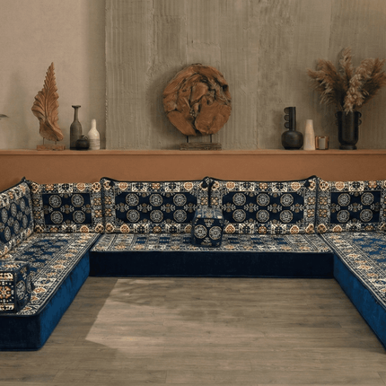 Arabic Floor Sofa Set – Navy U Shaped Majlis Sectional with 8 Inch Cushions