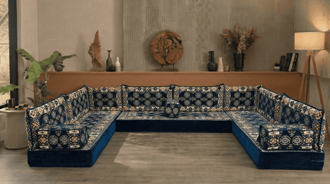 Arabic Floor Sofa Set – Navy U Shaped Majlis Sectional with 8 Inch Cushions