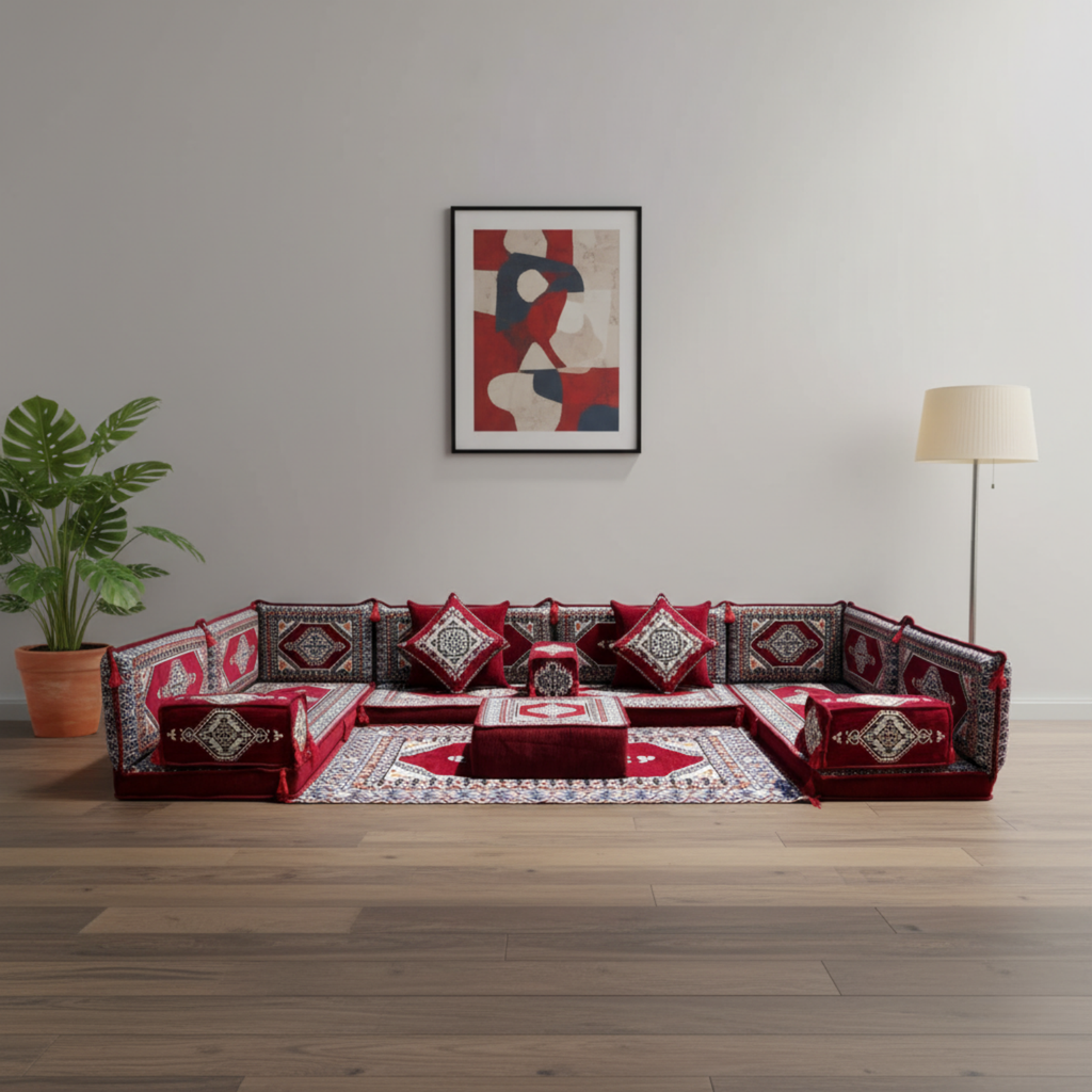 Arabic Floor Sofa Set – Maroon U Shaped Majlis Sectional with 4 Inch Cushions