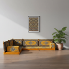 Arabic Floor Sofa Set – Yellow L Shaped Majlis Sectional with 4 Inch Cushions