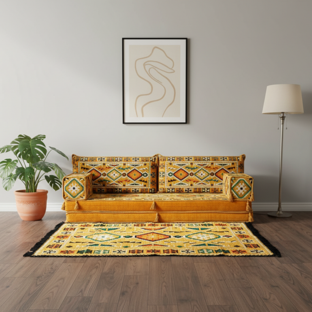 Arabic Loveseat Sofa Set – Yellow Loveseat Set with 4 and 8 Inch Cushion Options