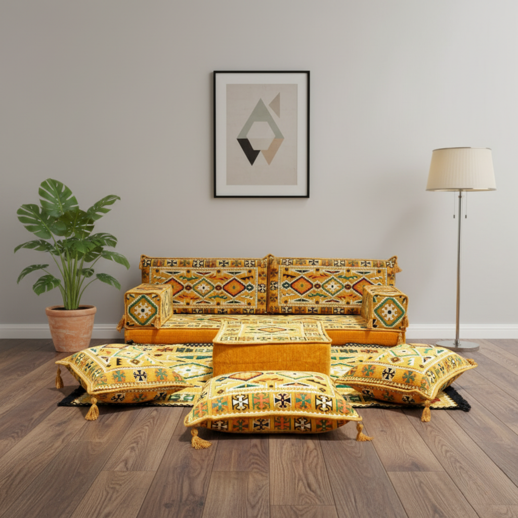 Arabic Loveseat Sofa Set – Yellow Loveseat Set with 4 and 8 Inch Cushion Options