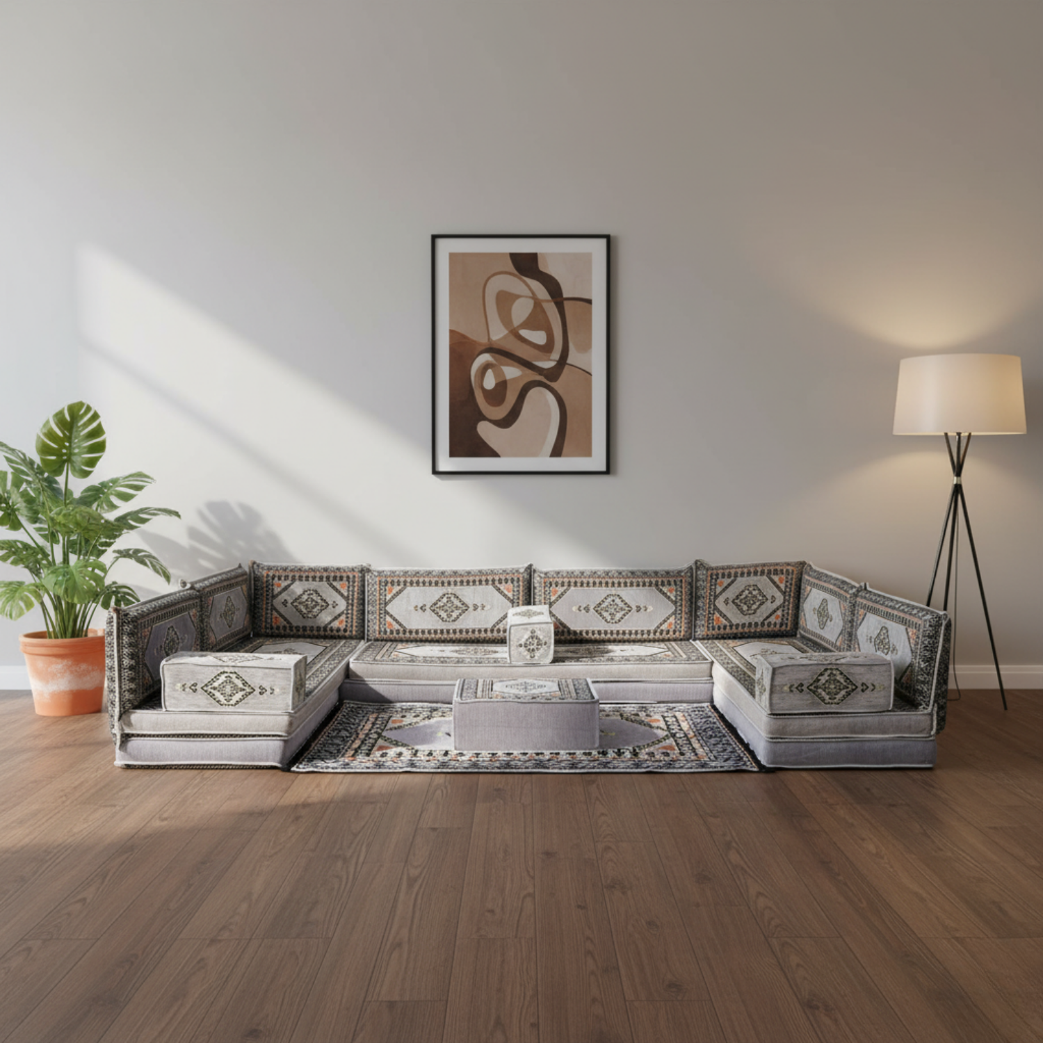 Arabic Floor Sofa Set – Gray U Shaped Majlis Sectional with 8 Inch Cushions
