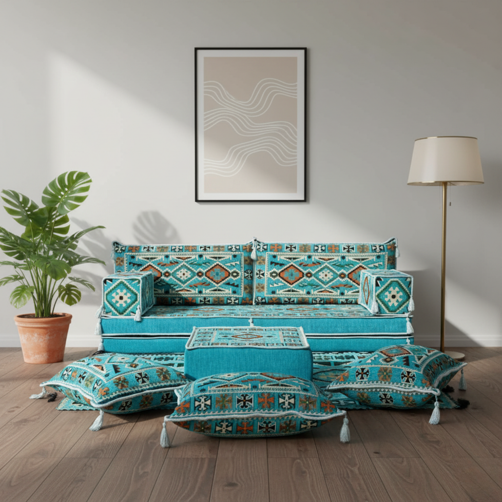 Arabic Loveseat Sofa Set – Turquoise Loveseat Set with 4 and 8 Inch Cushion Options