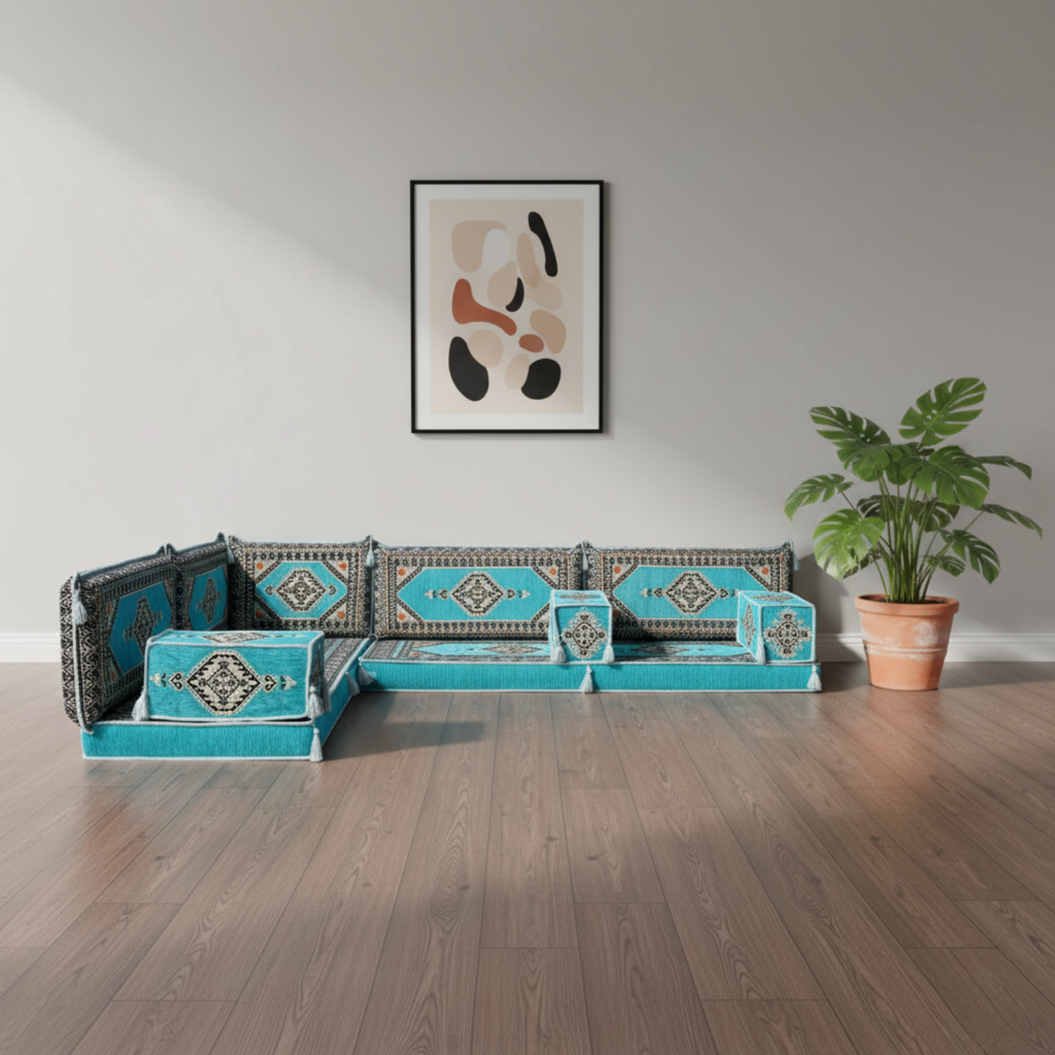 Arabic Floor Sofa Set – Turquoise L Shaped Majlis Sectional with 4 Inch Cushions