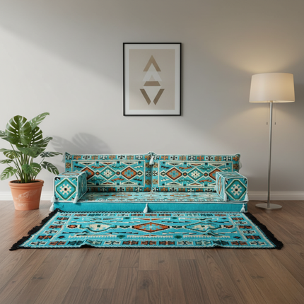 Arabic Loveseat Sofa Set – Turquoise Loveseat Set with 4 and 8 Inch Cushion Options