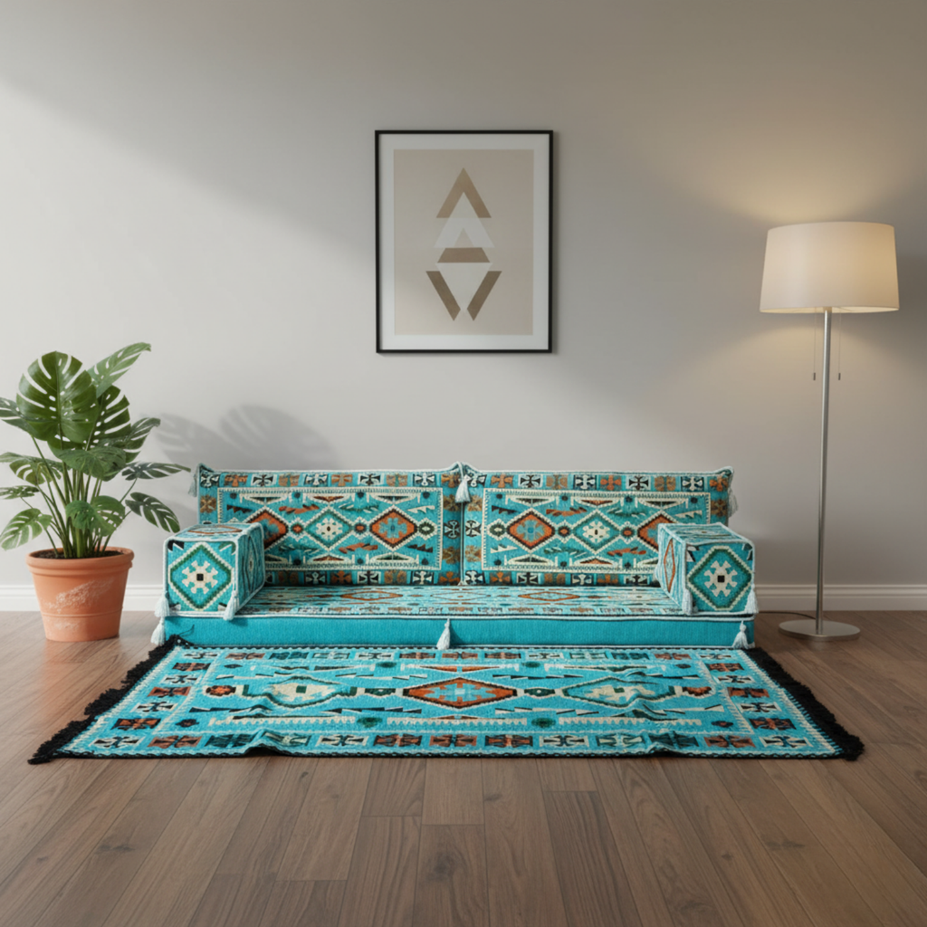 Arabic Loveseat Sofa Set – Turquoise Loveseat Set with 4 and 8 Inch Cushion Options