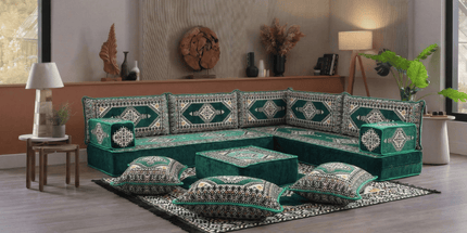 Arabic Floor Sofa Set – Green L Shaped Majlis Sectional with 8 Inch Cushions