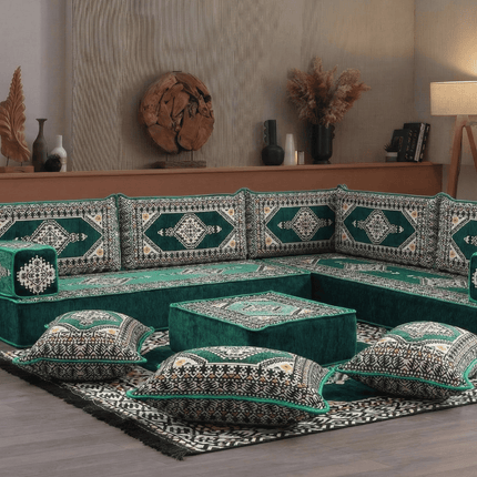 Arabic Floor Sofa Set – Green L Shaped Majlis Sectional with 8 Inch Cushions