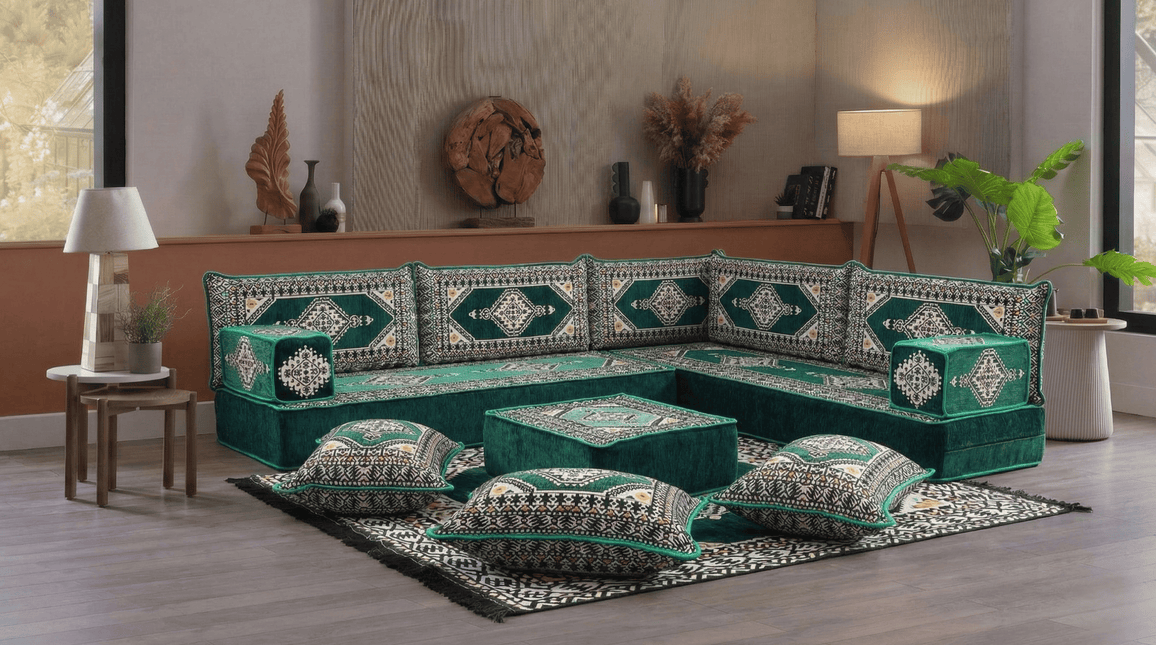 Arabic Floor Sofa Set – Green L Shaped Majlis Sectional with 8 Inch Cushions