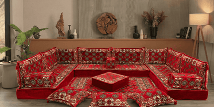 Arabic Floor Sofa Set – Red U Shaped Majlis Sectional with 8 Inch Cushions