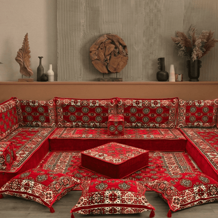 Arabic Floor Sofa Set – Red U Shaped Majlis Sectional with 8 Inch Cushions