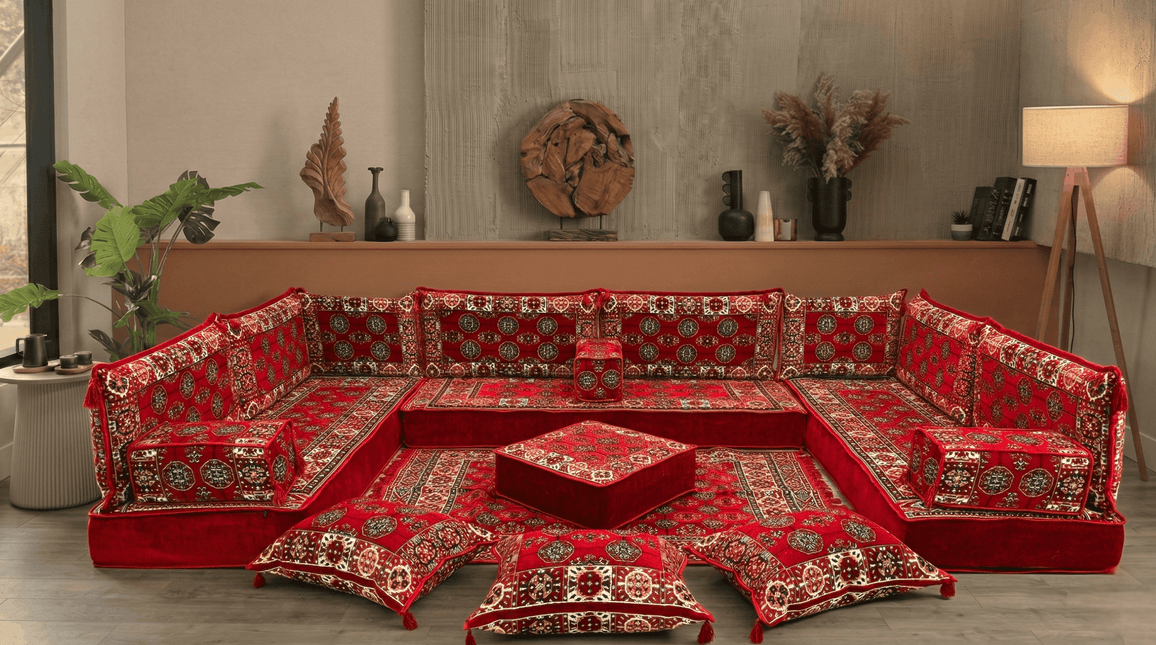 Arabic Floor Sofa Set – Red U Shaped Majlis Sectional with 8 Inch Cushions