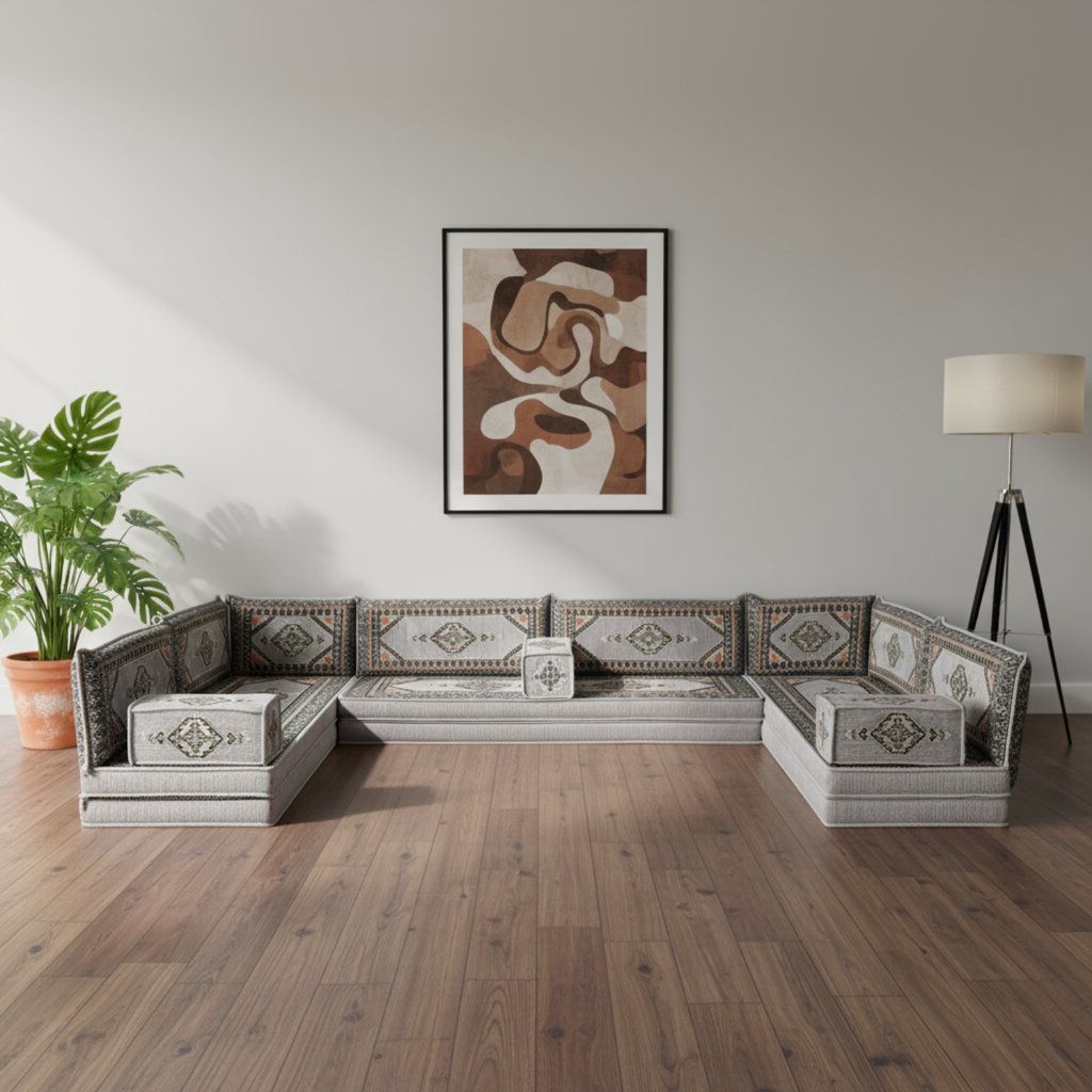 Arabic Floor Sofa Set – Gray U Shaped Majlis Sectional with 8 Inch Cushions