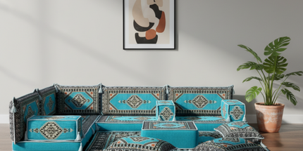 Arabic Floor Sofa Set – Turquoise L Shaped Majlis Sectional with 4 Inch Cushions