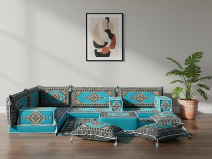 Topkapi L-shaped Arabic floor sofa, Turquoise 4-inch, photo 1