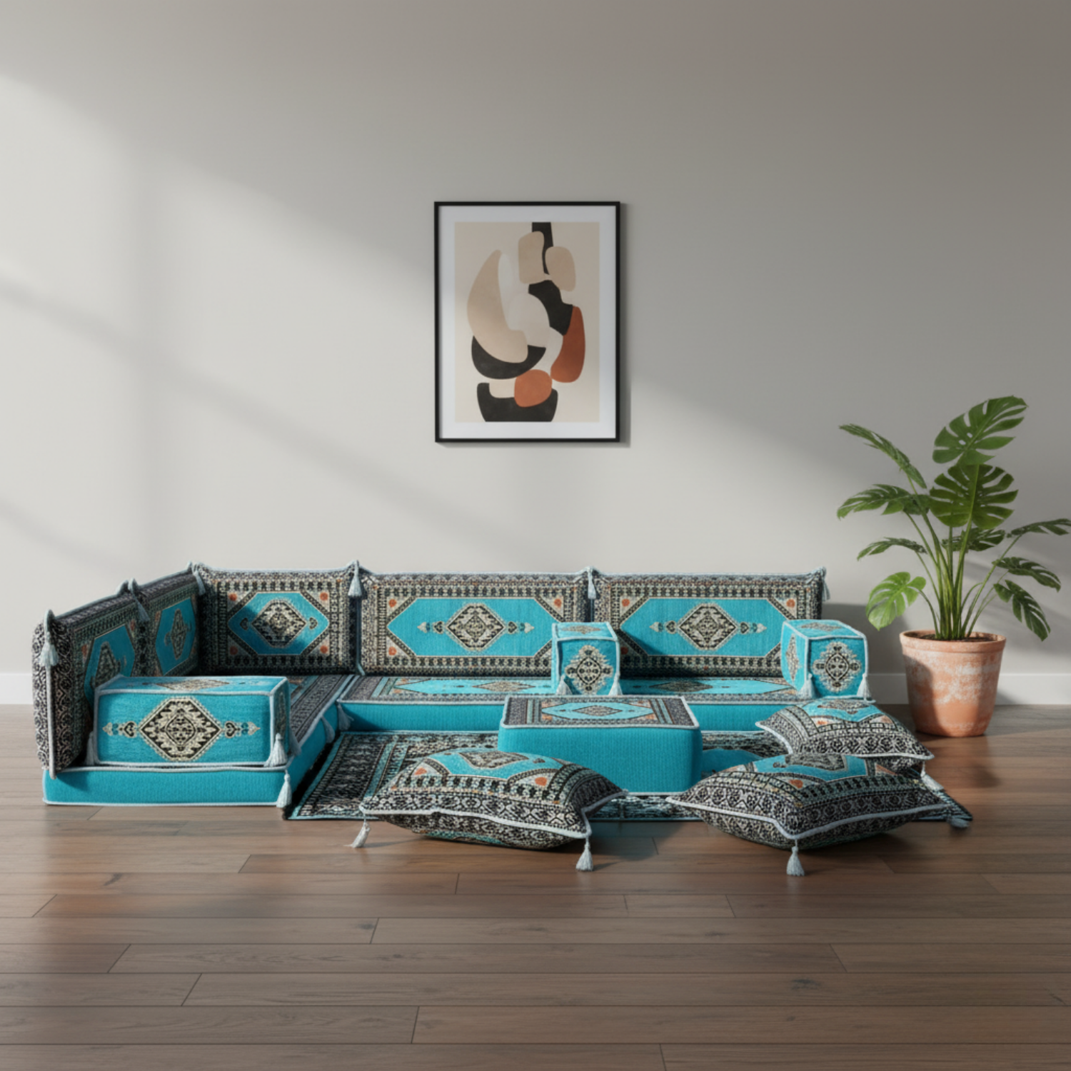 Arabic Floor Sofa Set – Turquoise L Shaped Majlis Sectional with 4 Inch Cushions