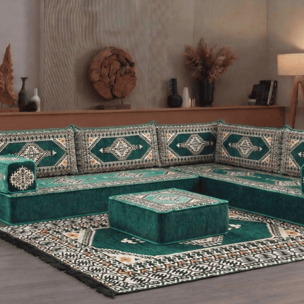 Arabic Floor Sofa Set – Green L Shaped Majlis Sectional with 8 Inch Cushions