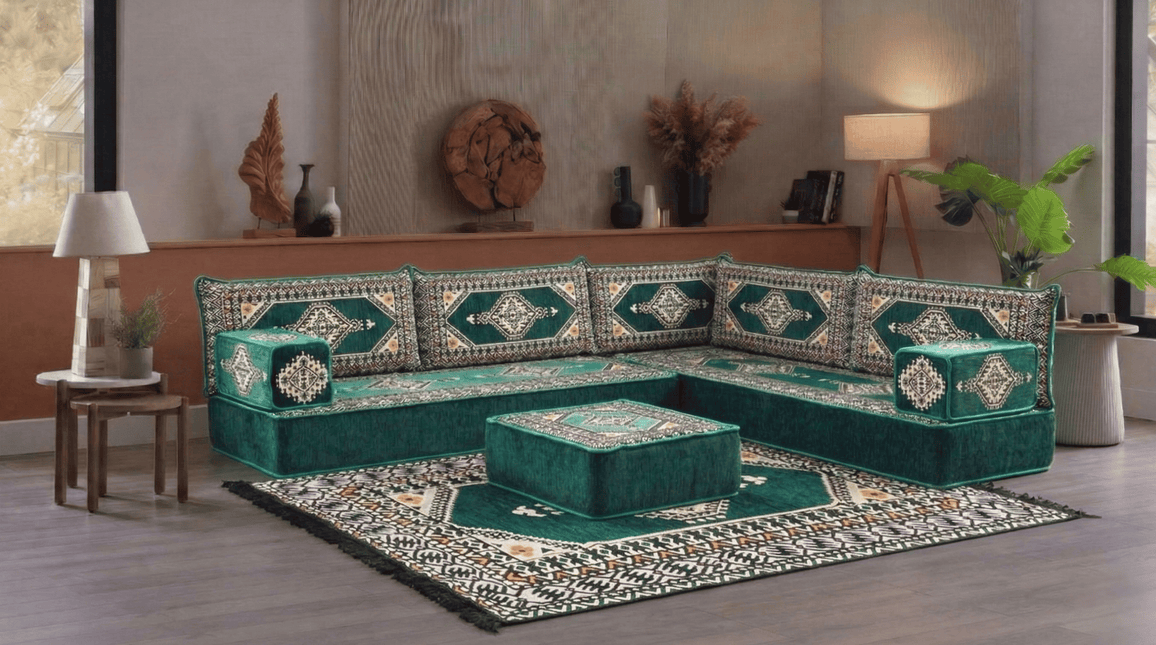 Arabic Floor Sofa Set – Green L Shaped Majlis Sectional with 8 Inch Cushions