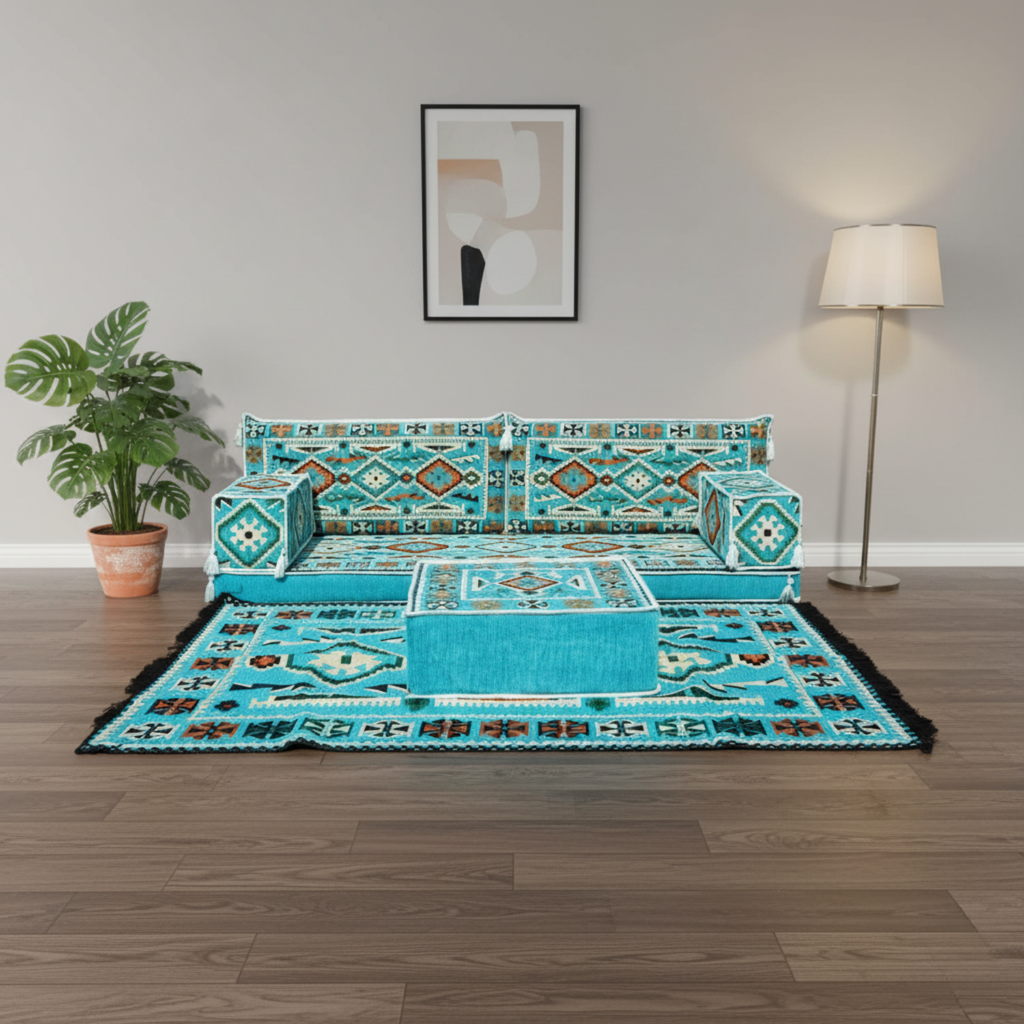Arabic Loveseat Sofa Set – Turquoise Loveseat Set with 4 and 8 Inch Cushion Options