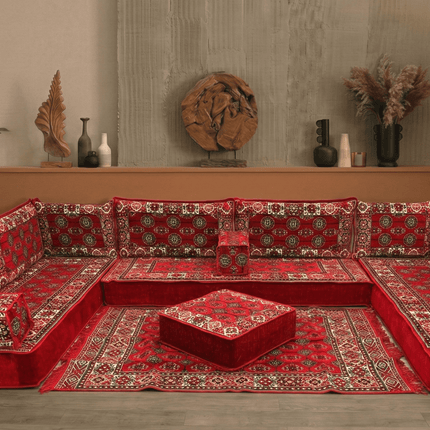 Arabic Floor Sofa Set – Red U Shaped Majlis Sectional with 8 Inch Cushions