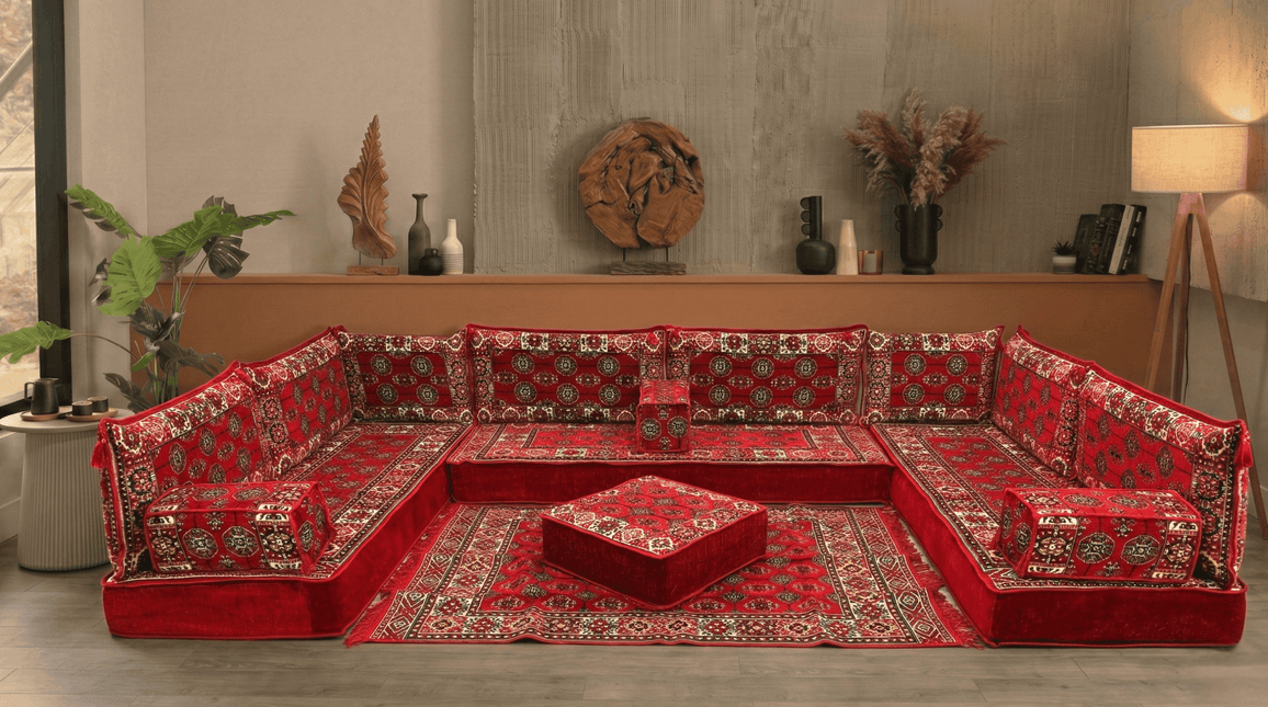 Arabic Floor Sofa Set – Red U Shaped Majlis Sectional with 8 Inch Cushions