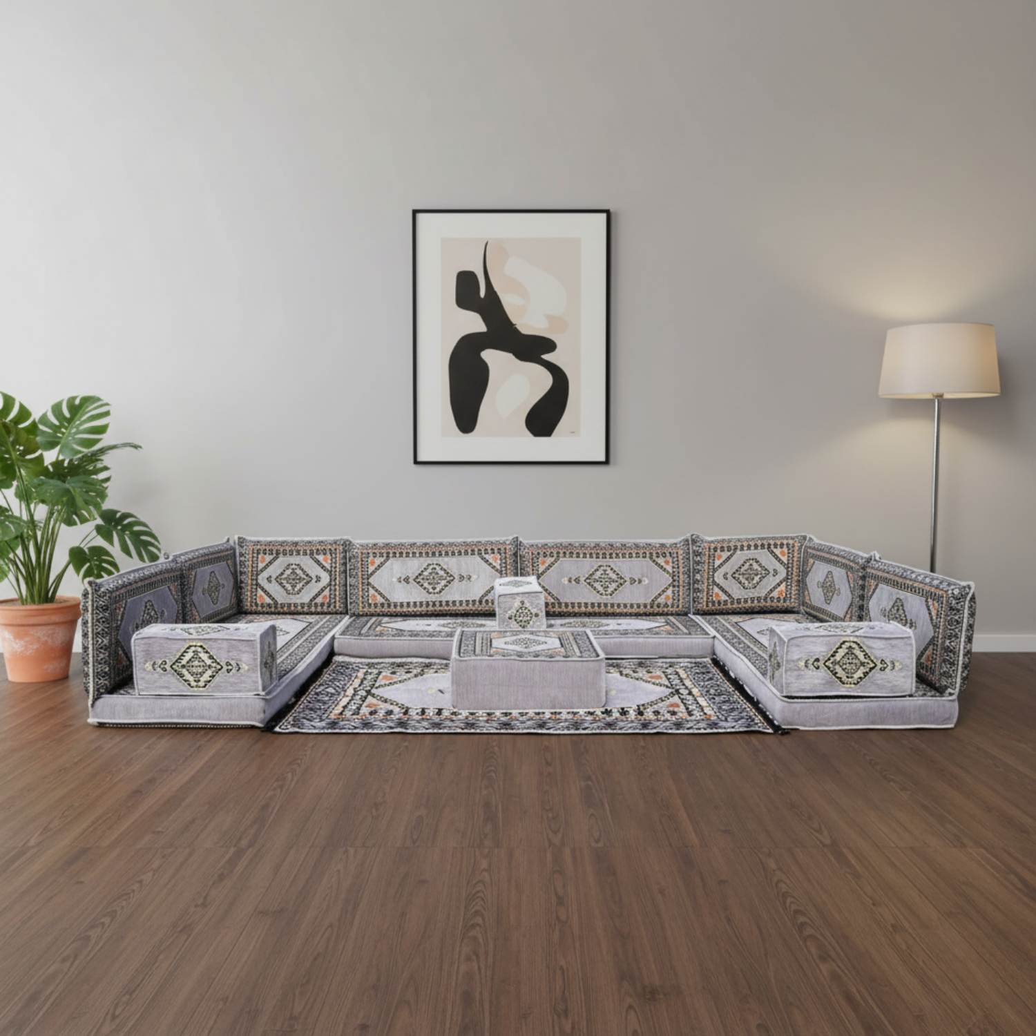 Arabic Floor Sofa Set – Gray U Shaped Majlis Sectional with 4 Inch Cushions