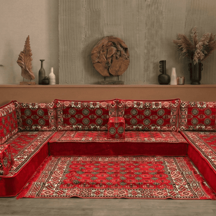 Arabic Floor Sofa Set – Red U Shaped Majlis Sectional with 8 Inch Cushions