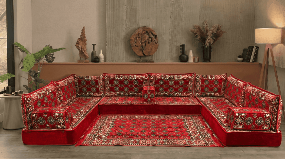 Arabic Floor Sofa Set – Red U Shaped Majlis Sectional with 8 Inch Cushions