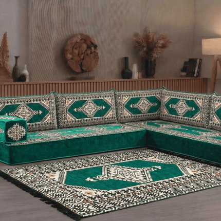 Arabic Floor Sofa Set – Green L Shaped Majlis Sectional with 8 Inch Cushions