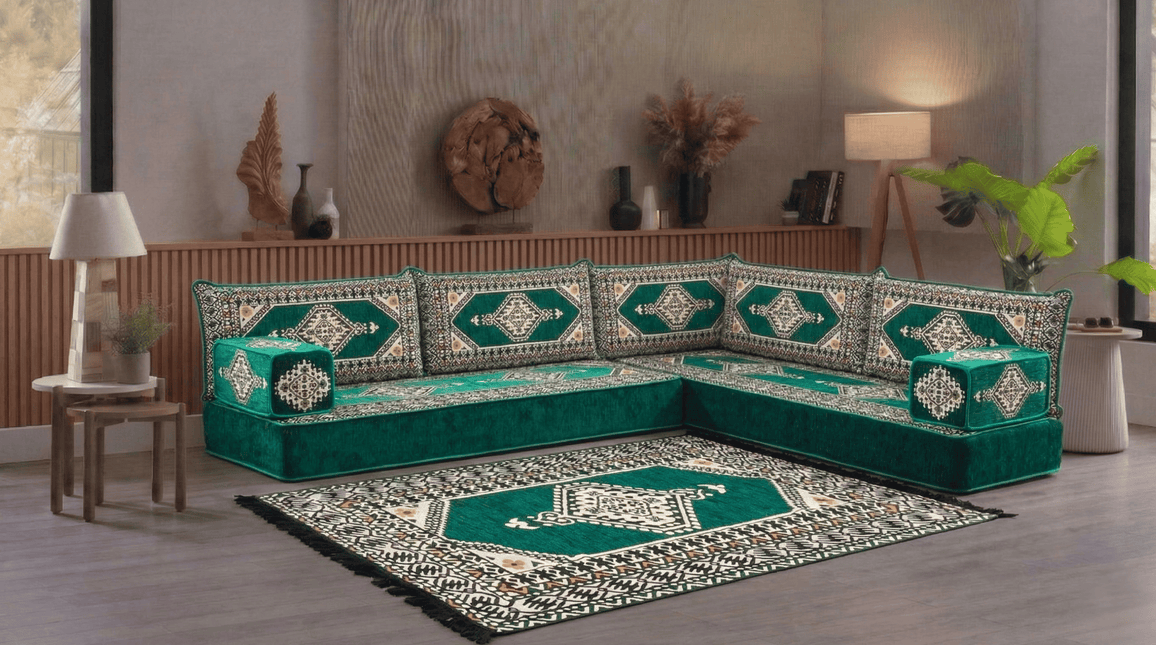 Arabic Floor Sofa Set – Green L Shaped Majlis Sectional with 8 Inch Cushions