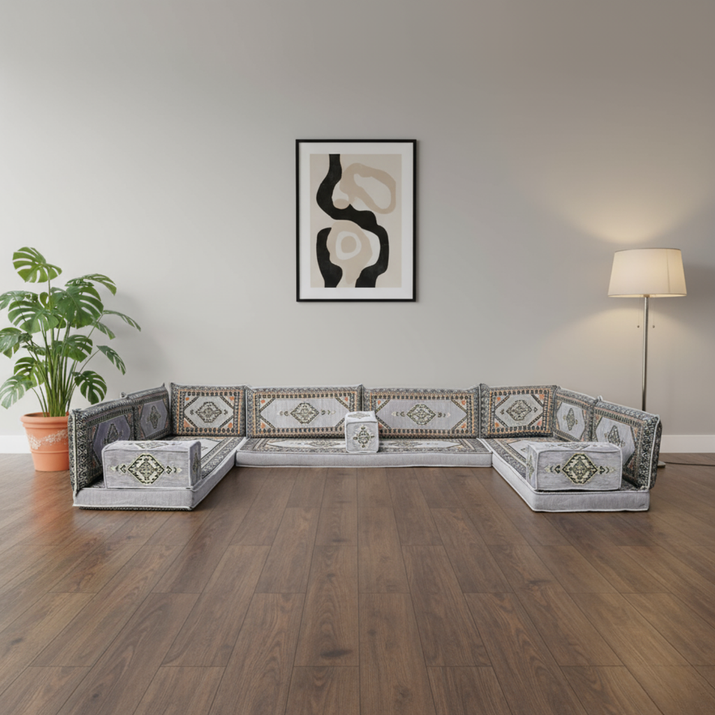 Arabic Floor Sofa Set – Gray U Shaped Majlis Sectional with 4 Inch Cushions