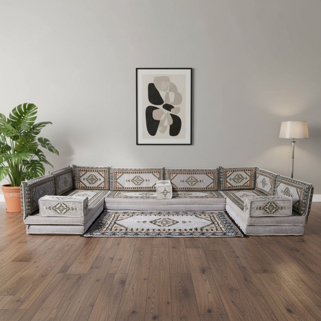 Arabic Floor Sofa Set – Gray U Shaped Majlis Sectional with 8 Inch Cushions