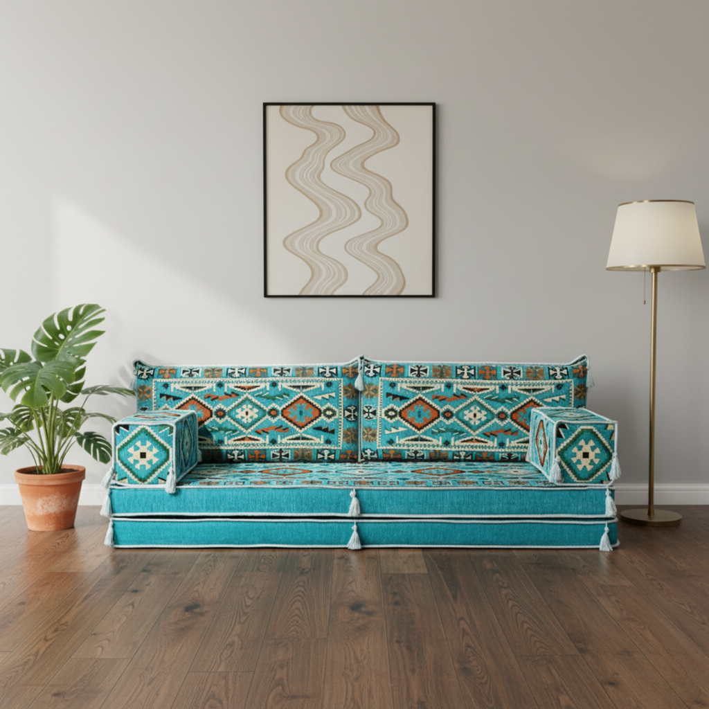 Arabic Loveseat Sofa Set – Turquoise Loveseat Set with 4 and 8 Inch Cushion Options