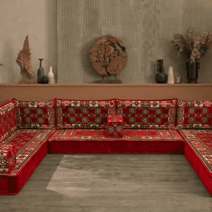 Arabic Floor Sofa Set – Red U Shaped Majlis Sectional with 8 Inch Cushions