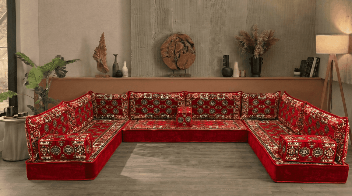 Arabic Floor Sofa Set – Red U Shaped Majlis Sectional with 8 Inch Cushions