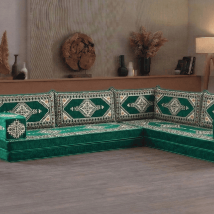Arabic Floor Sofa Set – Green L Shaped Majlis Sectional with 8 Inch Cushions