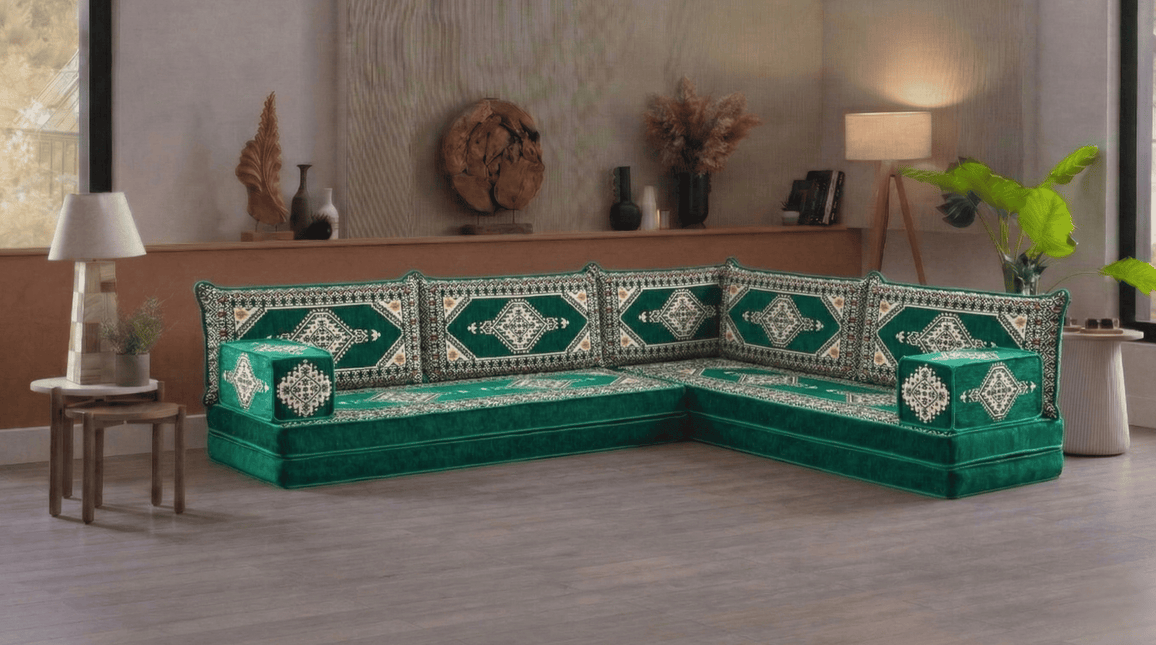 Arabic Floor Sofa Set – Green L Shaped Majlis Sectional with 8 Inch Cushions