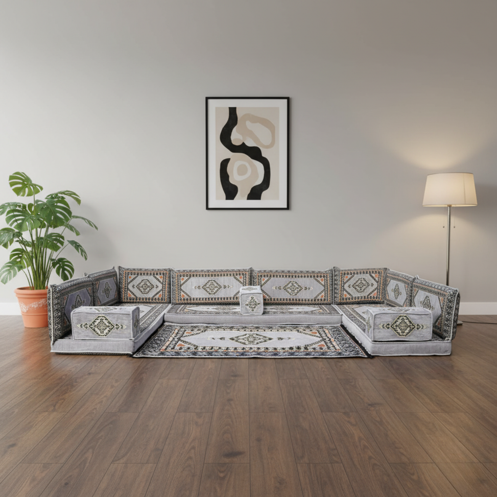 Arabic Floor Sofa Set – Gray U Shaped Majlis Sectional with 4 Inch Cushions