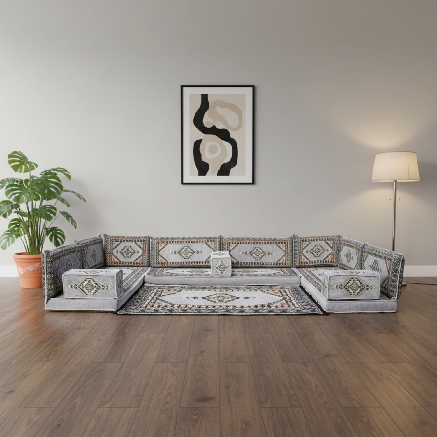 Arabic Floor Sofa Set – Gray U Shaped Majlis Sectional with 4 Inch Cushions