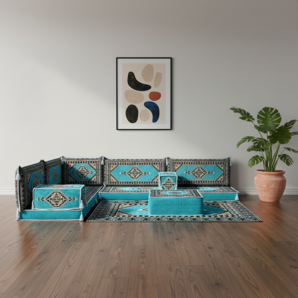 Arabic Floor Sofa Set – Turquoise L Shaped Majlis Sectional with 4 Inch Cushions