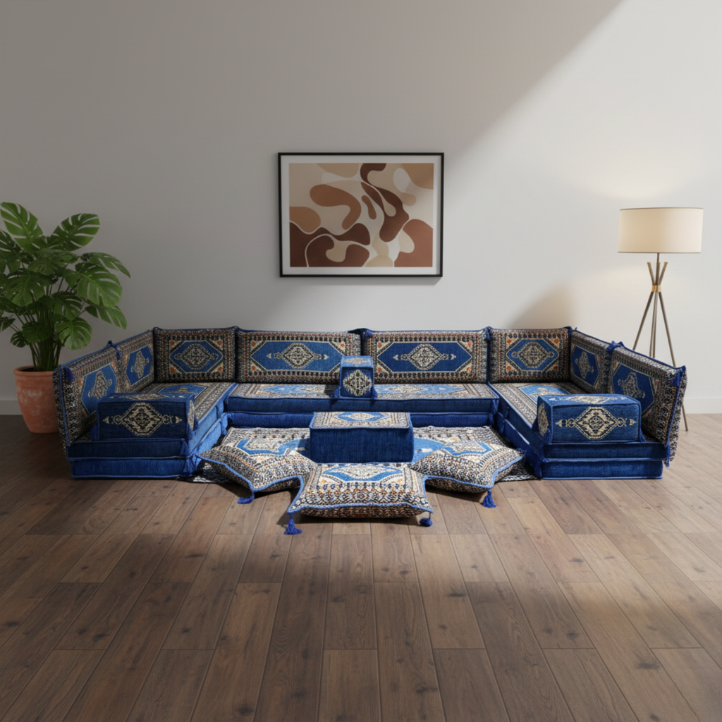 Arabic Floor Sofa Set – Blue U Shaped Majlis Sectional with 8 Inch Cushions