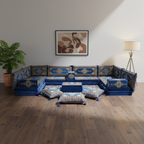 Arabic Floor Sofa Set – Blue U Shaped Majlis Sectional with 8 Inch Cushions